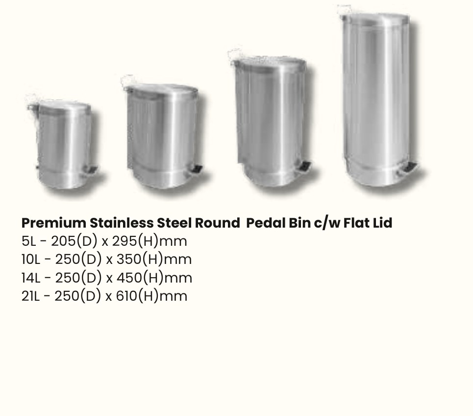 Premium Stainless Steel Pedal Bin c/w Flat or Dome Lid